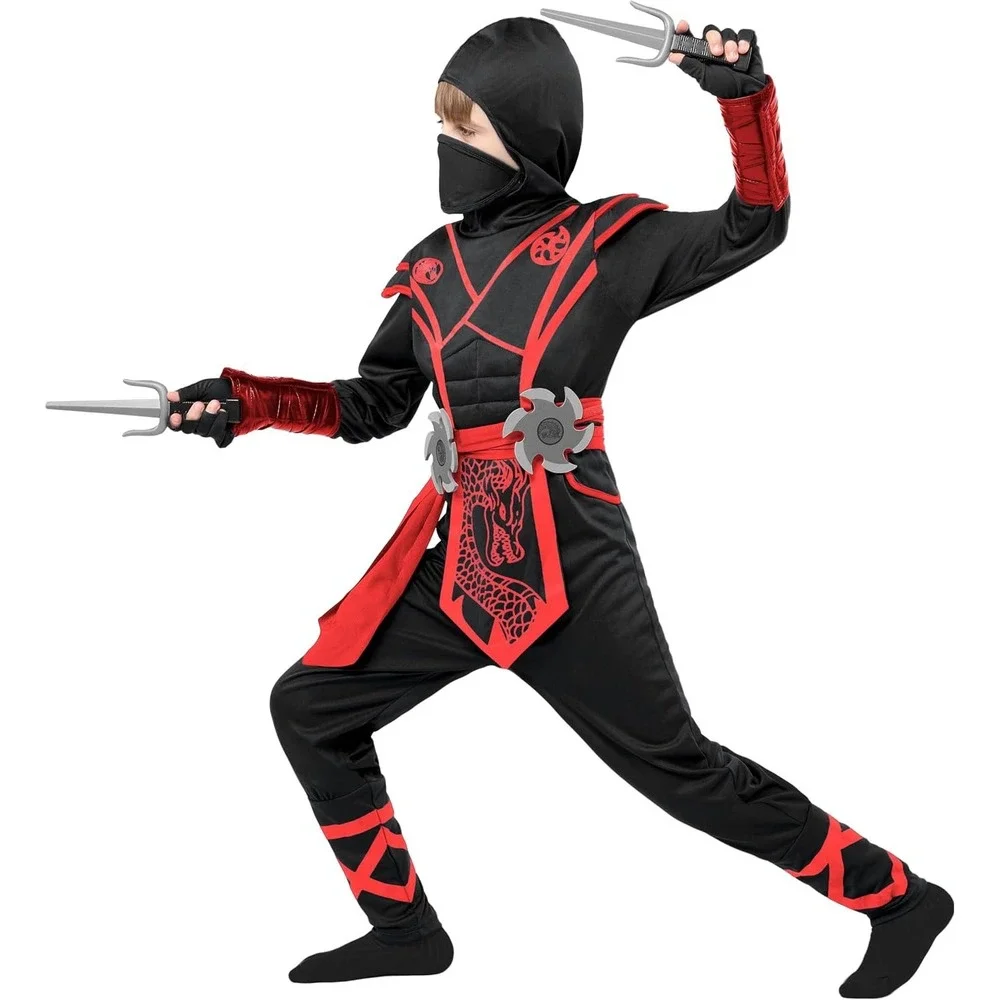 Ninja Costume Kids Size M 8-10 Red Dragon Black Halloween Warrior B2 #2